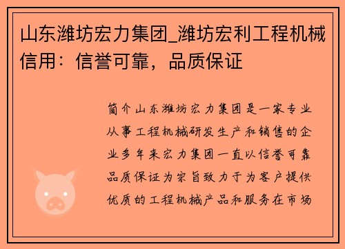 山东潍坊宏力集团_潍坊宏利工程机械信用：信誉可靠，品质保证
